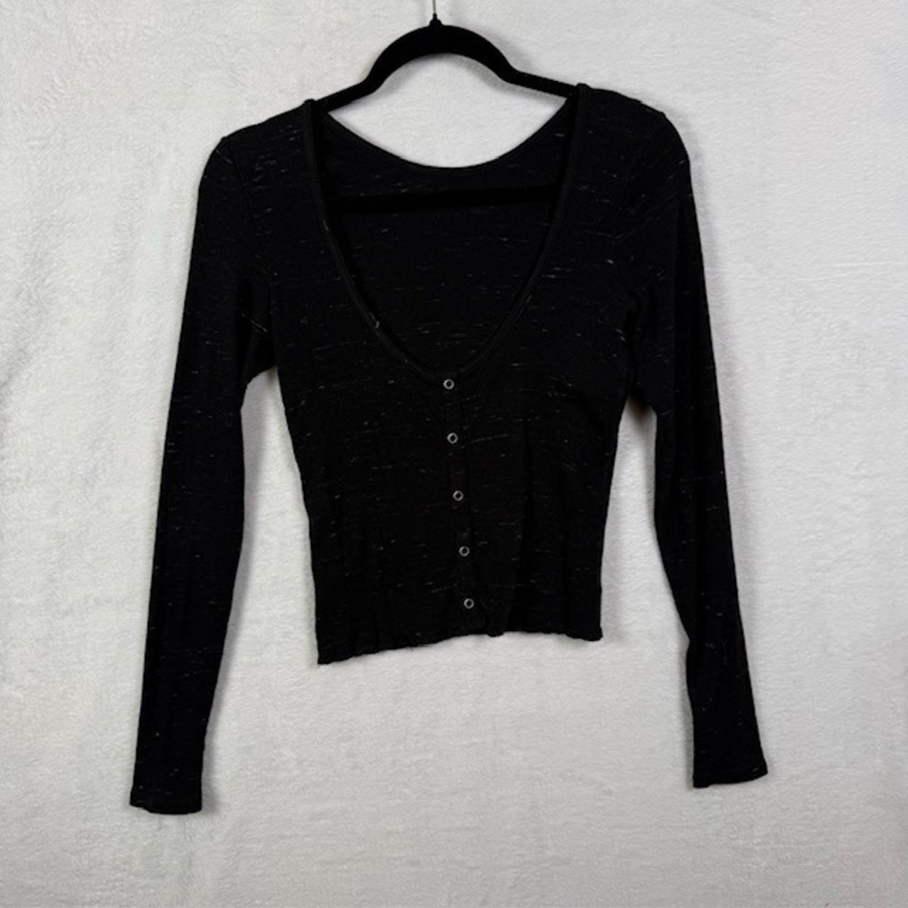 Rag & Bone JEAN Black Space Dye Ribbed Long Sleeve Snap Back Top Small - Picture 6 of 12
